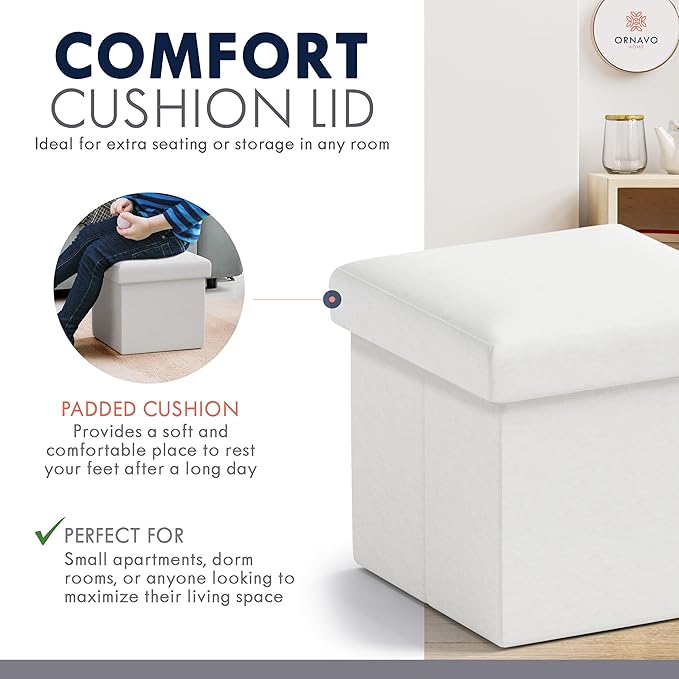 Ornavo Home Small Storage Ottoman Foldable Collapsible Cube Square Linen