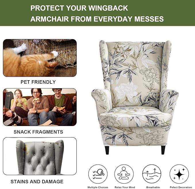 HAOYONG Wing Chair Slipcovers Printed Wingback Chair Covers 2 Pieces Wingback