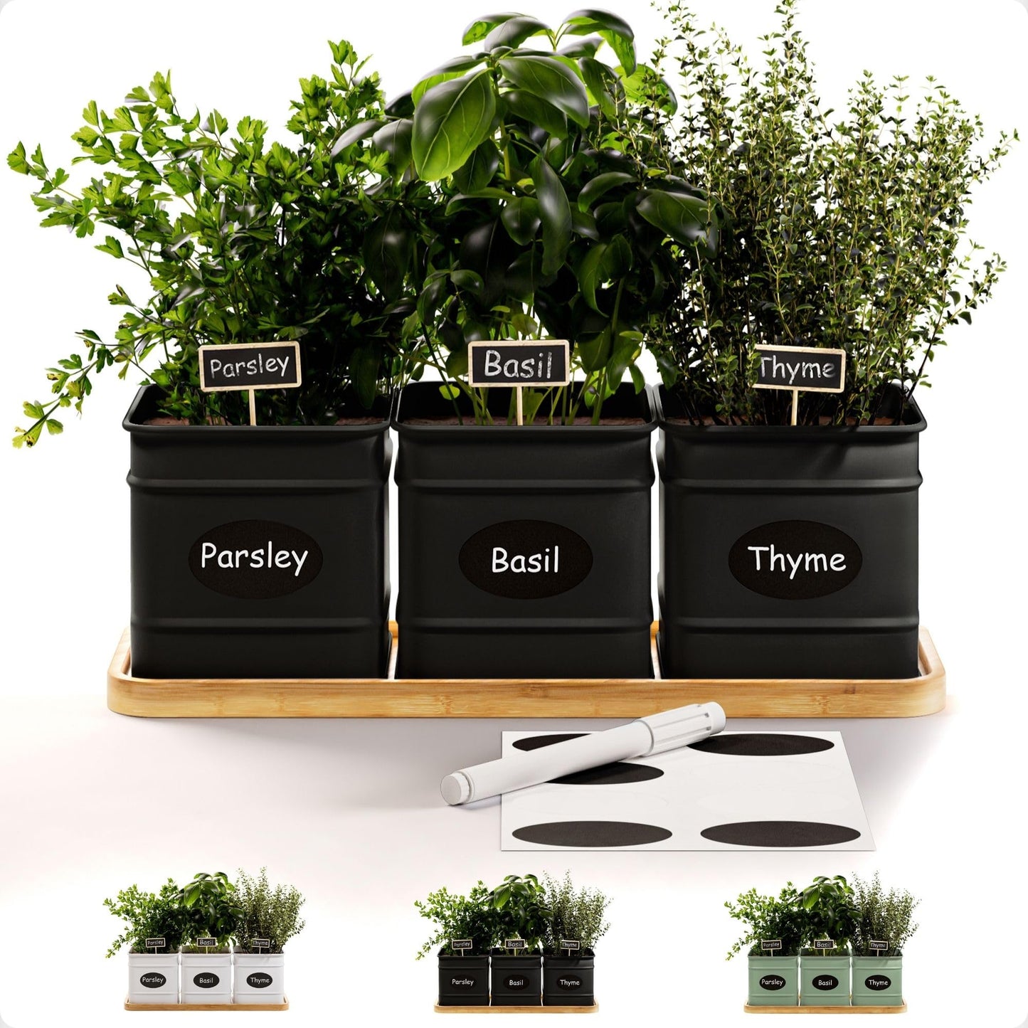 Herb Planter Indoor - 3 Iron Herb Pots with Drainage Holes, Varnished Bamboo Tray, Customizable Labels & Marker Pen - Indoor Herb Garden Planter - 3 Pots for Herbs - Inside Spice Garden - Basil Pot