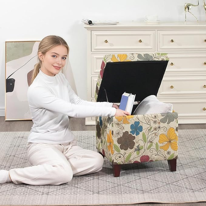 Adeco 18 Inch High Cube Ottoman Storage, Floral Printed Linen Chair Foot Stools