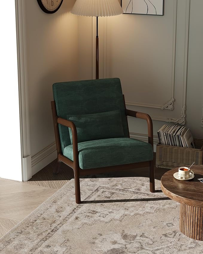Garvee Mid-Century Modern Accent Chair, Chenille Upholstery, Solid Wood Armchair