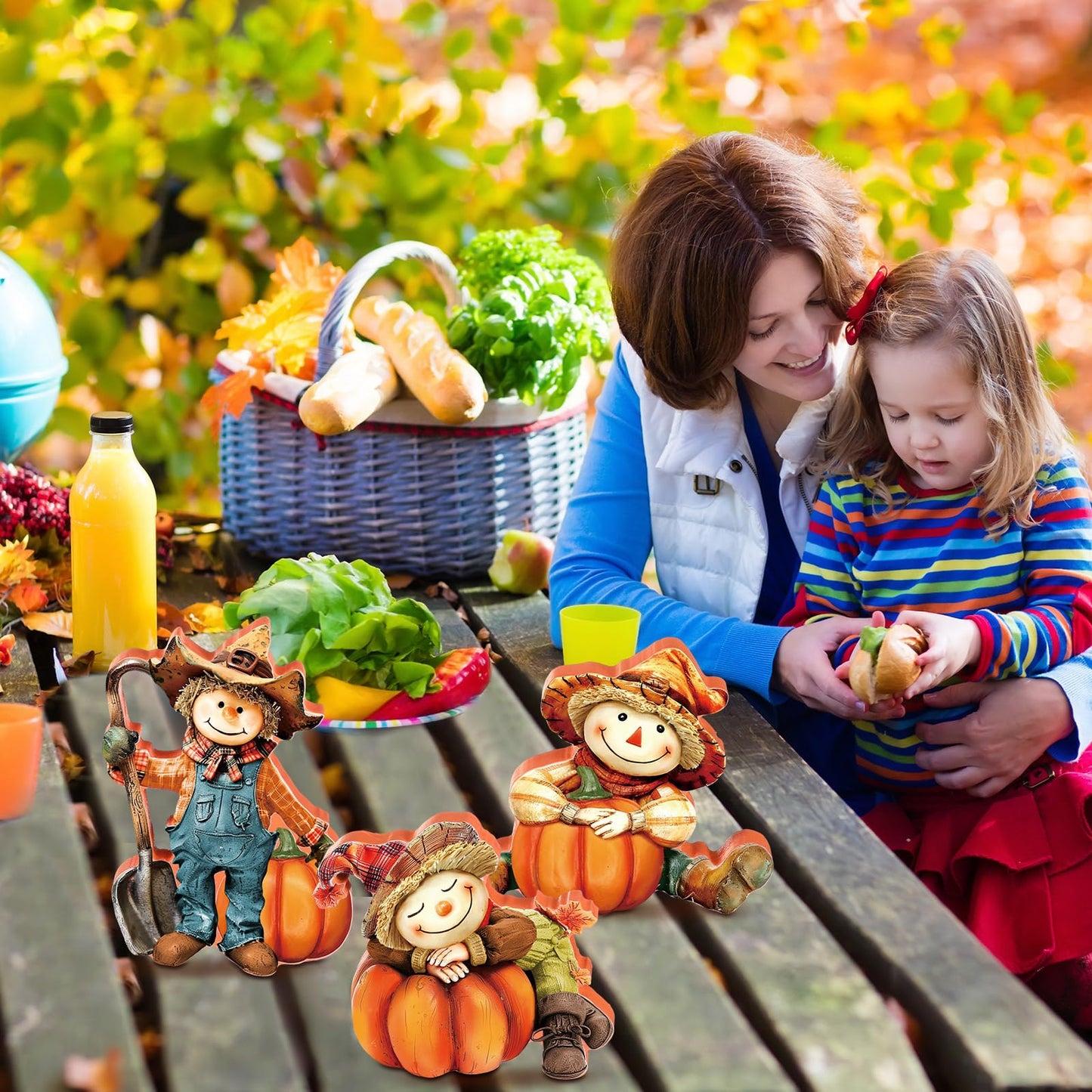 DoubleFill 3 Pcs Fall Figurines Home Decor Harvest Scarecrow with Pumpkins Wood Figurines Thanksgiving Wooden Scarecrow Decorations for Fall Thanksgiving Home Office Party Table Decoration Gifts
