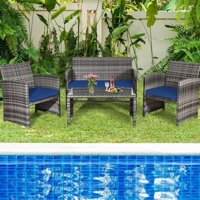 Tangkula 4 PCS Wicker Patio Conversation Set, Outdoor Rattan Sofas