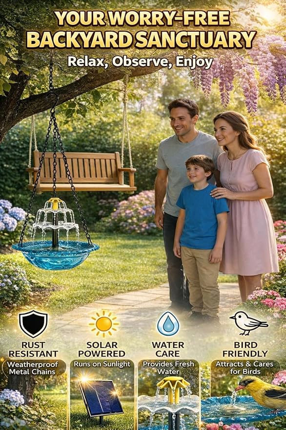 Solar Cascade Hanging Bird Bath Fountain, 2026 New Outdoor Hanging Bird Bath with Solar Fountain, Large Humming Birds Baths Fountains, with Solars Pump & Glass Bowl, for Outdoor, Gardens (#7)