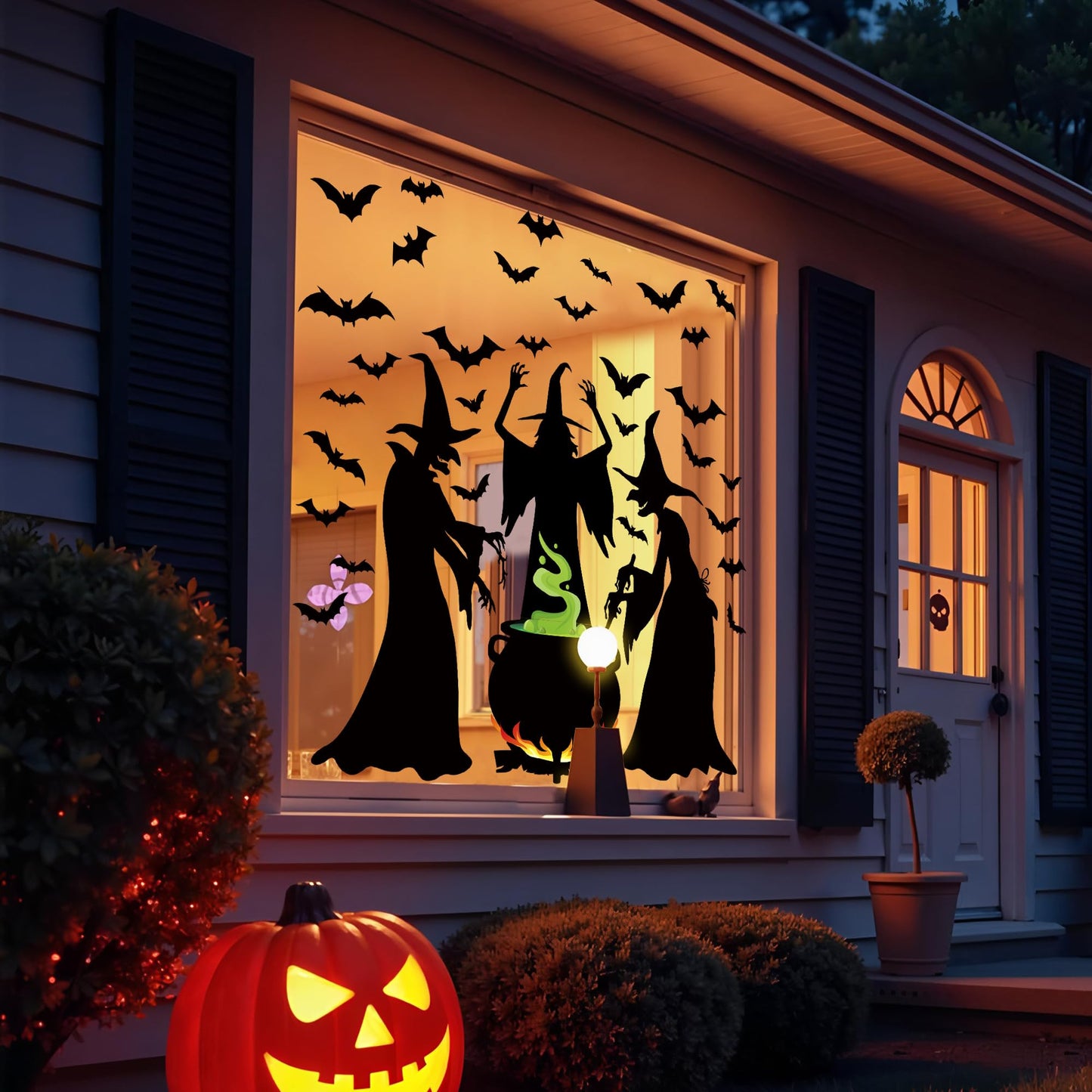 3 Sheets Halloween Witches Window Clings Decor Extra Large Witches with Cauldron Bats Silhouette Double Sided Halloween Window Decals Wicked Witch Windows Stickers for Party School Home Office Glass