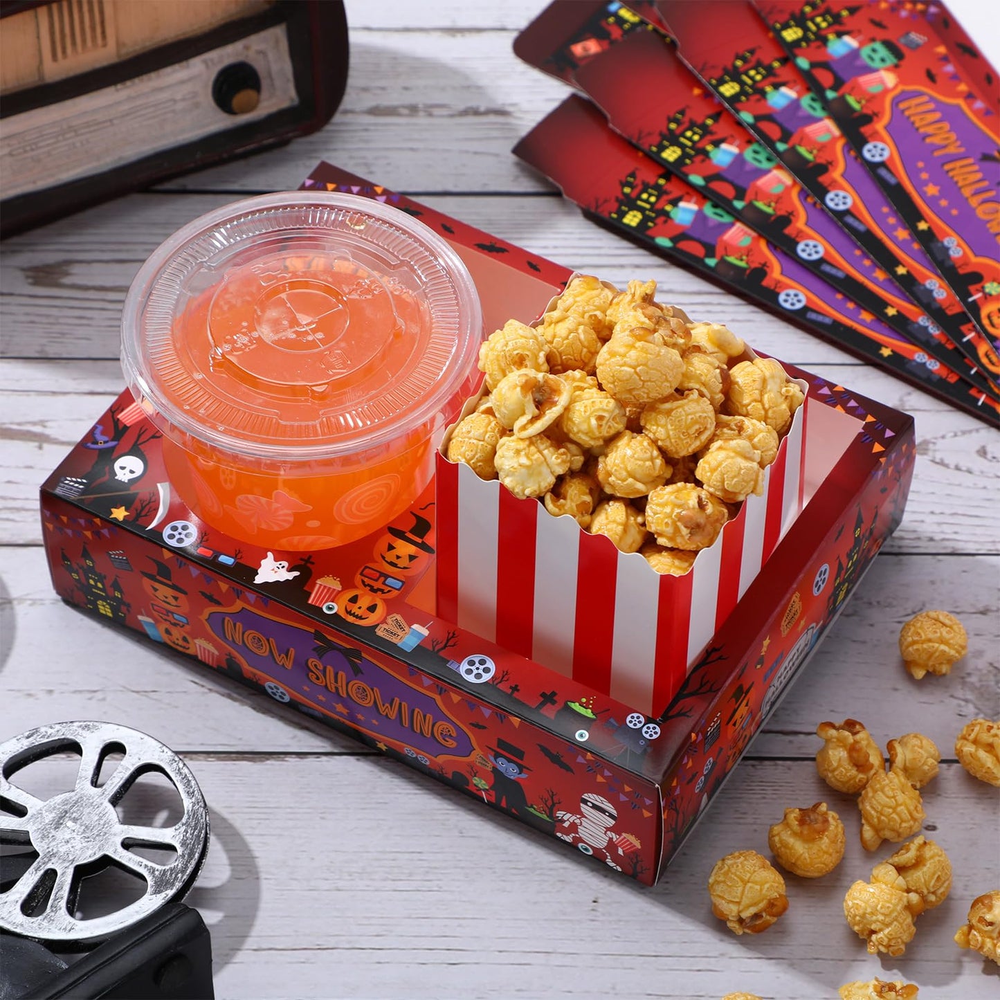 Faccito 36 Pcs Movie Night Snack Trays Theater Snack Boxes Disposable Cinema Paper Holder Movie Night Neon Glow Party Supplies for Popcorn Food Candy Drink Party Favors(Red Black,Pumpkin Style)