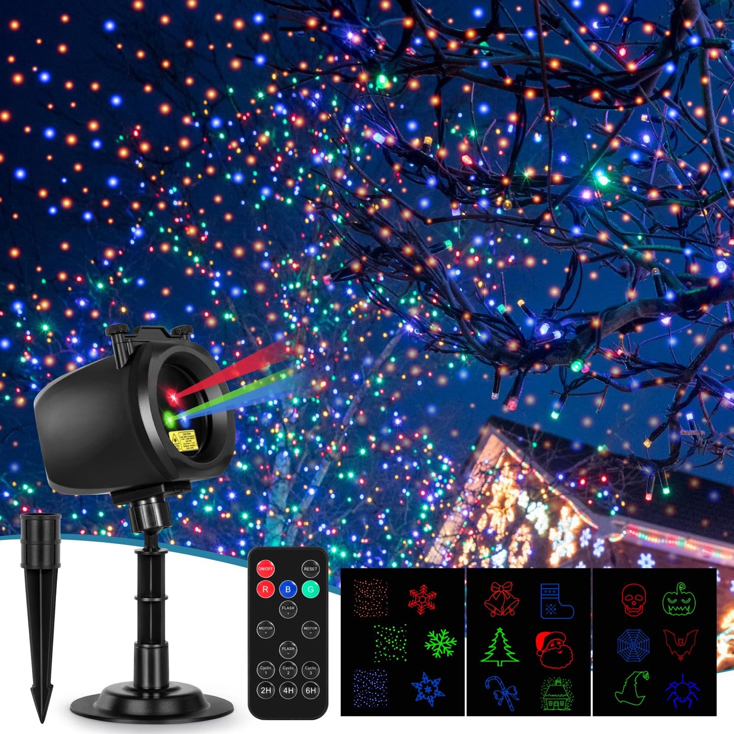 Outdoor Laser Projector Lights, RGB Firefly Light Show for Backyard Parties & Gatherings, IP65 Waterproof, 270° Adjustable, 10 Color Modes + 3 Changeable Holiday Cards(Halloween/Snowflake/Christmas)