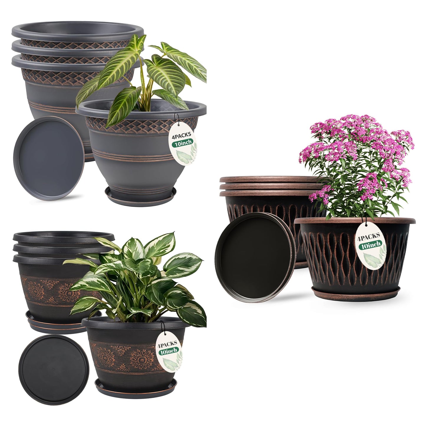 Usocik 12 Pack 10 Inch Retro Plant Pots with Drainage Holes and Saucer for Indoor Outdoor Plants.