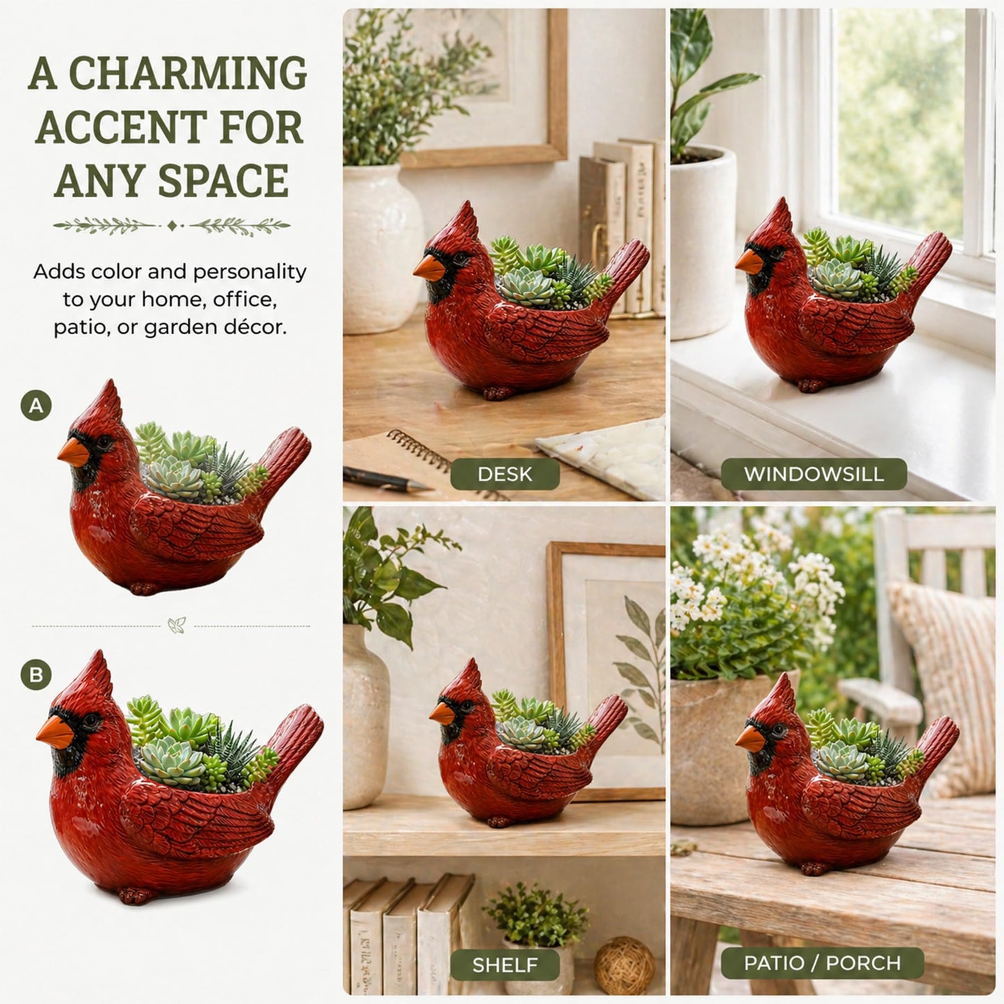 Oulores Cardinal Bird Succulent Planter, Red Resin Decorative Flower Pot for Small Plants, Bird Planter Pot for Desk Windowsill Patio Garden Decor, Gift for Plant & Bird Lovers (Green)