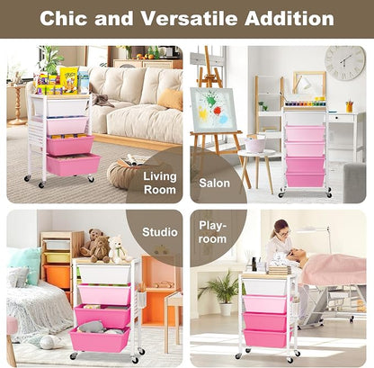 Rolling Cart with Drawers, Rolling Storage Cart with Large Plastic Drawers & Wooden Tabletop, Utility Cart with Pegboards & Basket, Storage Drawers Cart for Living Room, Classroom, Bedroom, Office