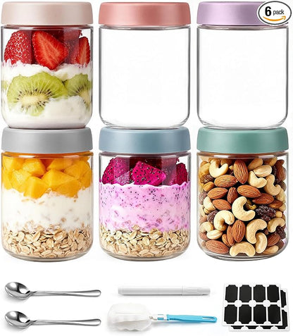 6 pack 16 oz Overnight Oats Containers with Lids and Spoons Glass Jars with Airtight Lids: Wide Mouth Mason Salad Jars, Leakproof and Reusable Glass Food Storage Container for Yogurt Snacks Spice