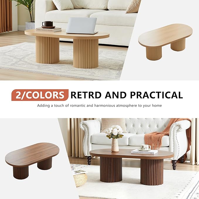 Oval Fluted Coffee Table, Farmhouse Wood Coffee Table Mid Century Modern Center