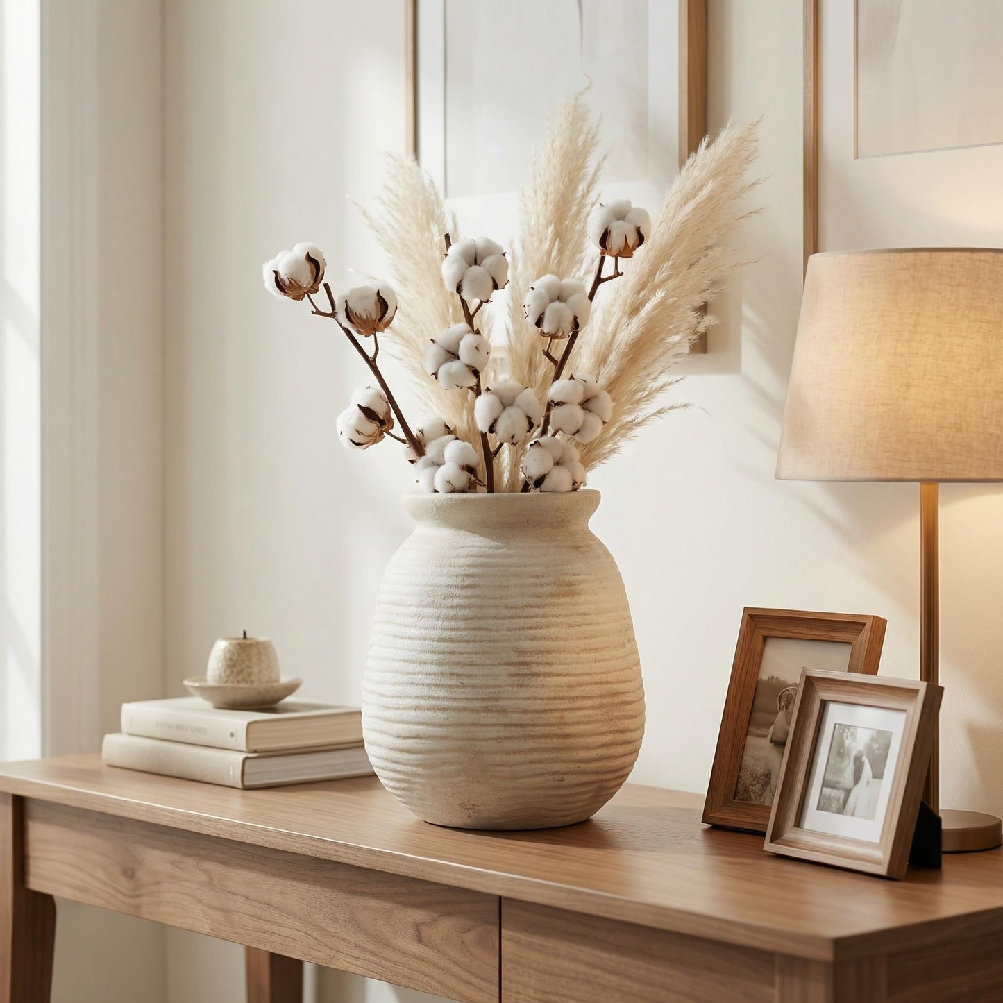 Sawoake Rustic Terracotta Pot, 7 Inch Short Farmhouse Vase with Weathered Texture Off-White, Boho Home Decor for Pampas Grass, Tabletop, Mantel and Shelf Styling