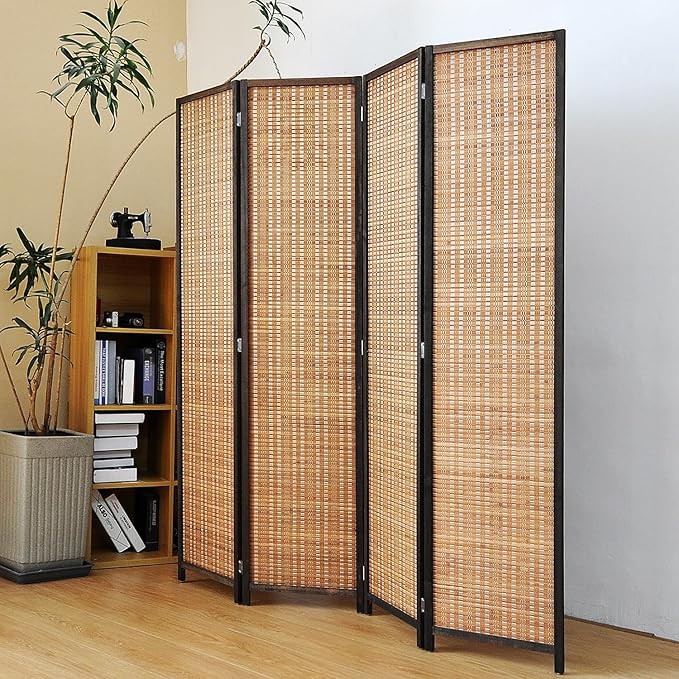 4 Panel Bamboo Room Divider Screen, 5.6 FT Tall Bamboo Divider Folding Panel