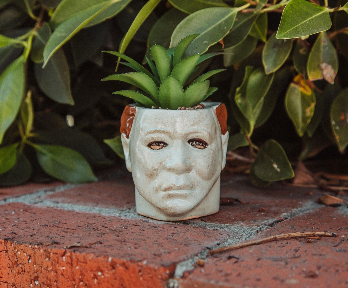 Toynk Halloween Michael Myers 3-Inch Ceramic Mini Planter with Artificial Succulent | Small Flower Pot, Faux Indoor Plant