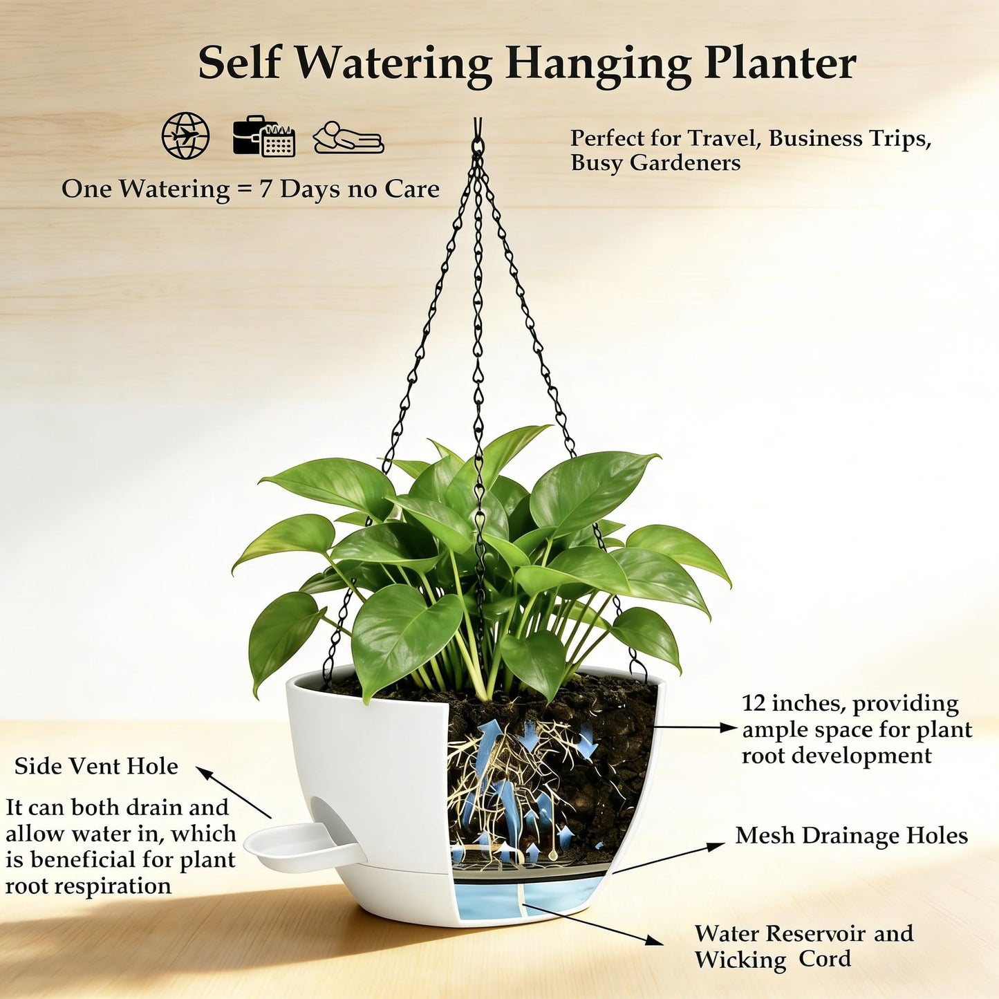 CNLBO 2 Pack Hanging Planters for Indoor Outdoor Plants, 12Inch Self Watering Hanging Pot with Drainage Holes and Saucer, Plastic Plant Pots, White Flower Pots for Kitchen, Balcony, Garden