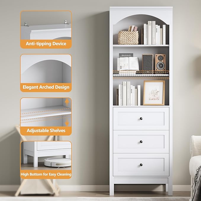 Bookshelf with Drawers, Floor Standing Display Storage Cabinet
