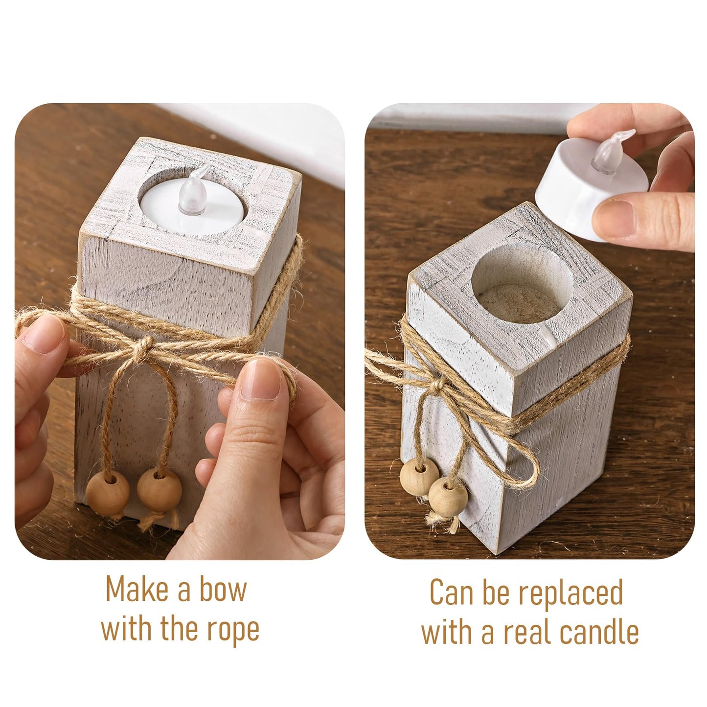 MelonBoat Rustic Flameless LED Candles 3-Pack, Battery Operated Candles with Wooden Candle Holders, White Rustic Farmhouse Decor, Farmhouse Candle Holder for Valentines Holiday Party Home Decor