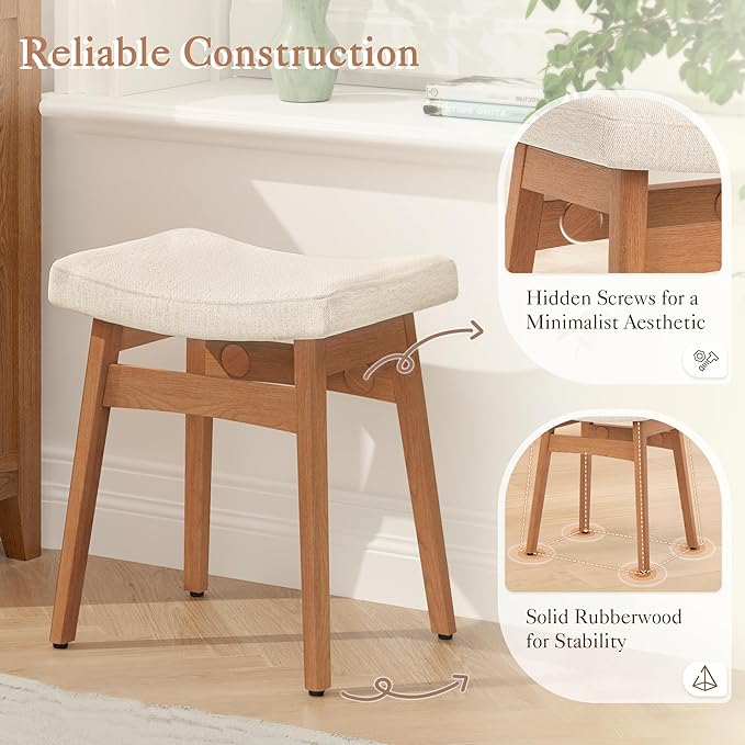 LUE BONA Solid Wood Vanity Bench Stool, 17.3" H Ergonomic Saddle Stool