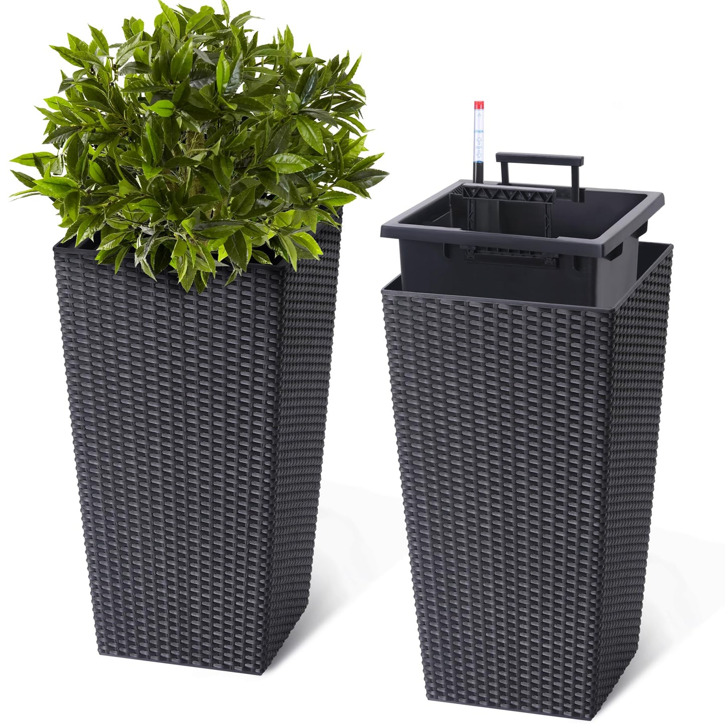 GarveeLife 22.5 in Tall Planter Set of 2 Large Rattan Flower Pot with 2 Trays & a Water Level Monitor & Wheels Outdoor and Indoor for Patio, Porch, Living Room, or Home Office, Black