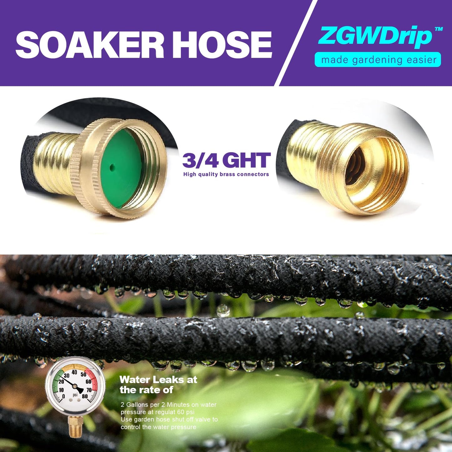ZGWDrip 100FT 1/2" Water-Saving Soaker Hose with Solid Brass Connectors, Drip Irrigation Kit for Lawn & Landscaping with Metal Ground Stake & Accessory Kit