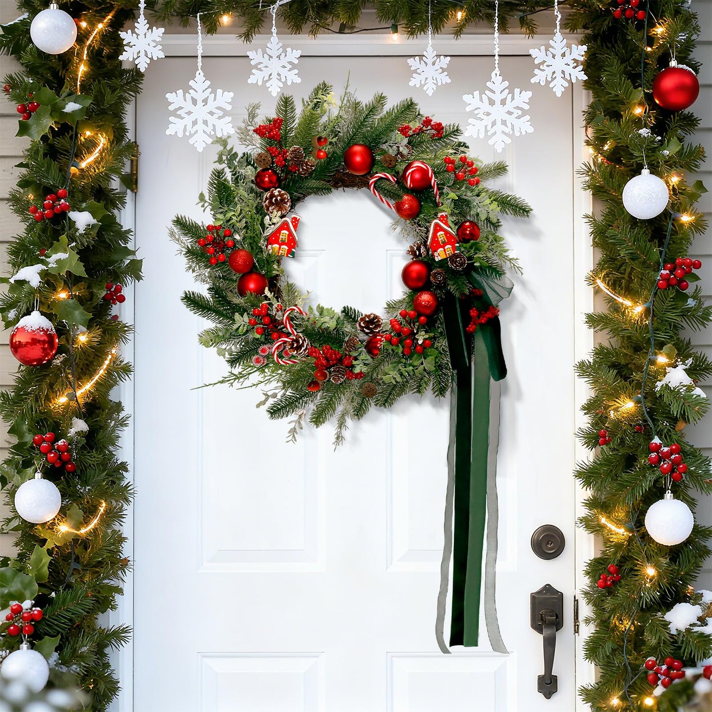 20" Christmas Wreath for Front Door, Christmas Door Wreath Decoration with Ball Ornaments, Red White Candy, Pine Cones Berries & Bow, Holiday Decoration