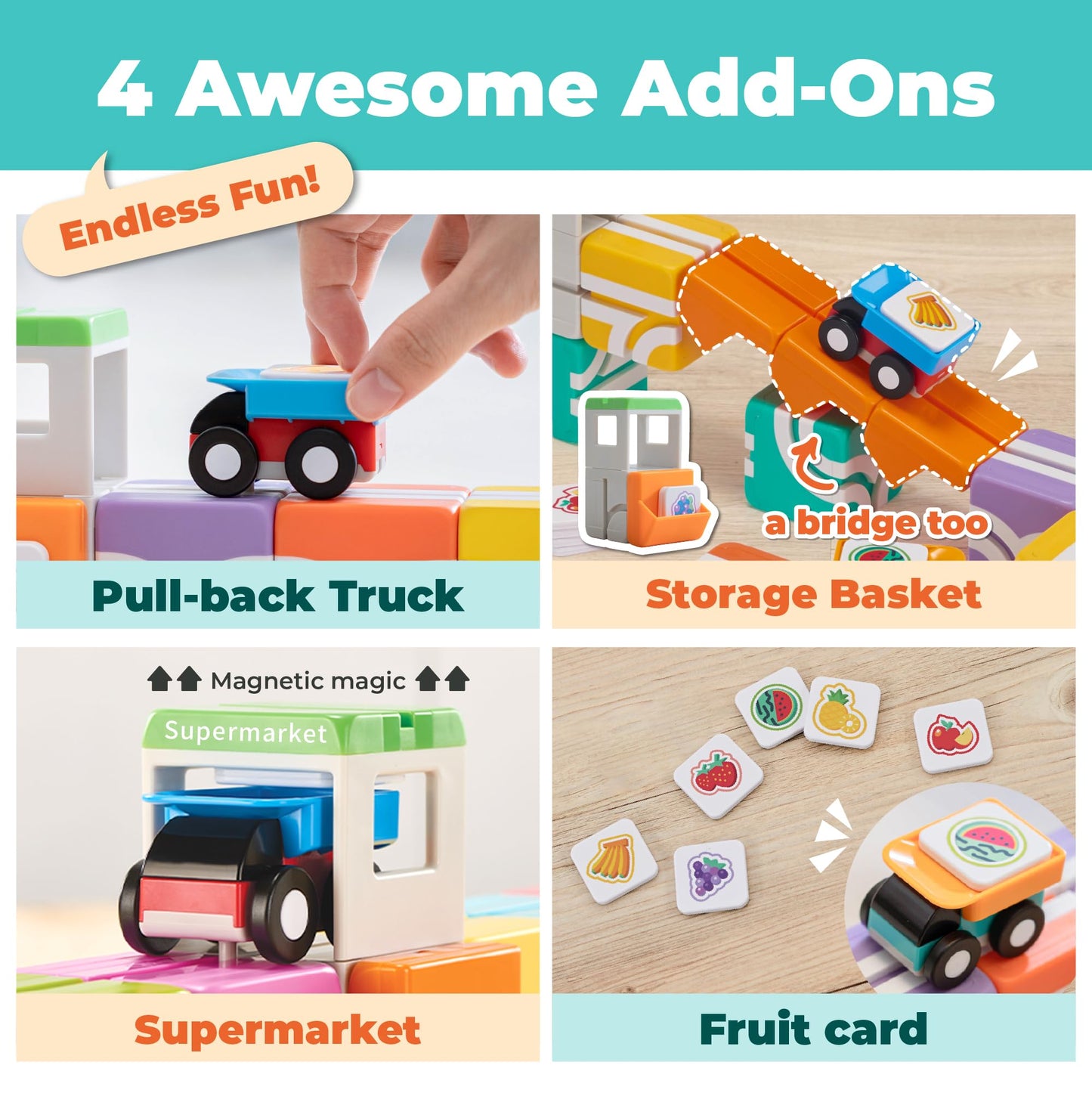 QBI Magnetic Blocks for Toddlers Ages 2-4｜STEM Magnetic Building Blocks with Trucks & Fruit Tiles｜Montessori Magnet Building Cubes for Kids｜Educational Gifts for Boys & Girls Ages 2+ (32PCS)