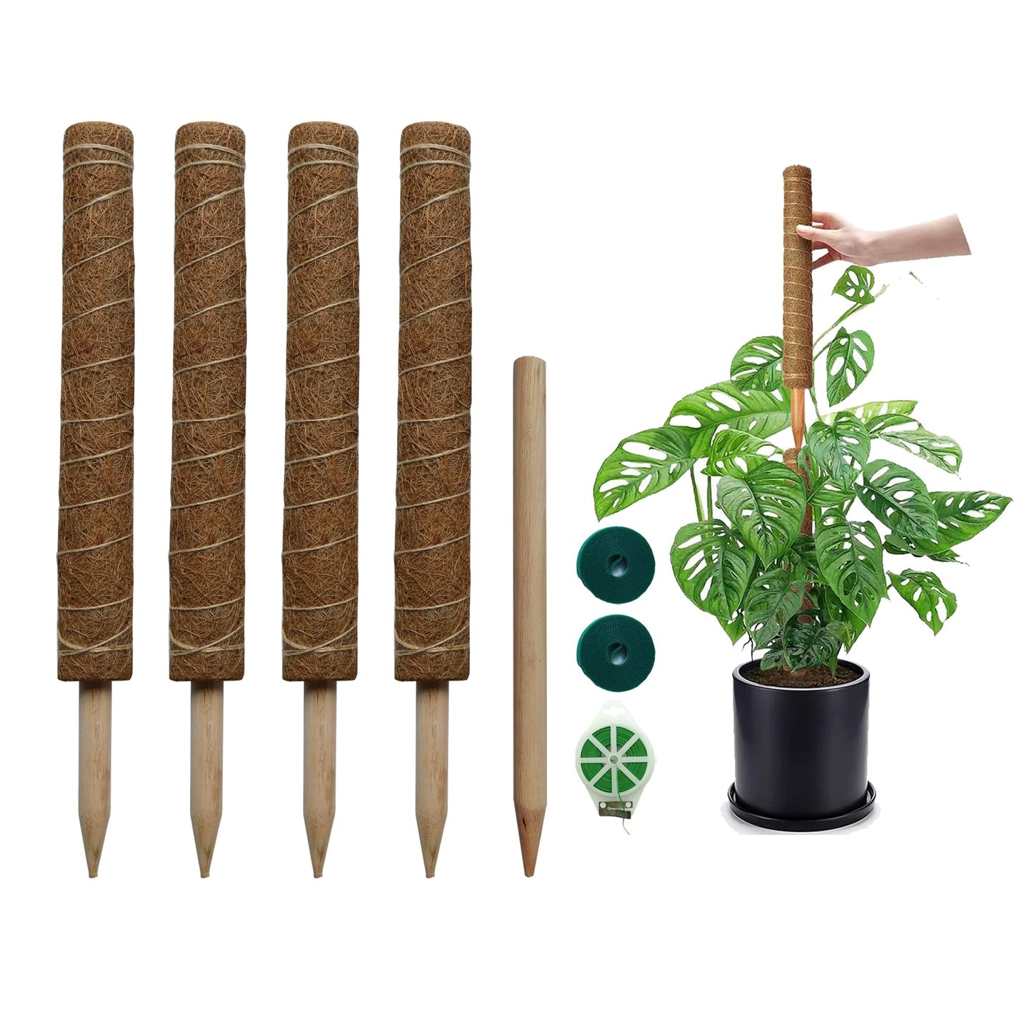 Moss Pole for Plants 4 Pack Natural Coco Coir Climbing Support Stakes with Plant Ties Indoor Monstera Plant Training Extension Poles 14.8inch Each Total 59.2inch