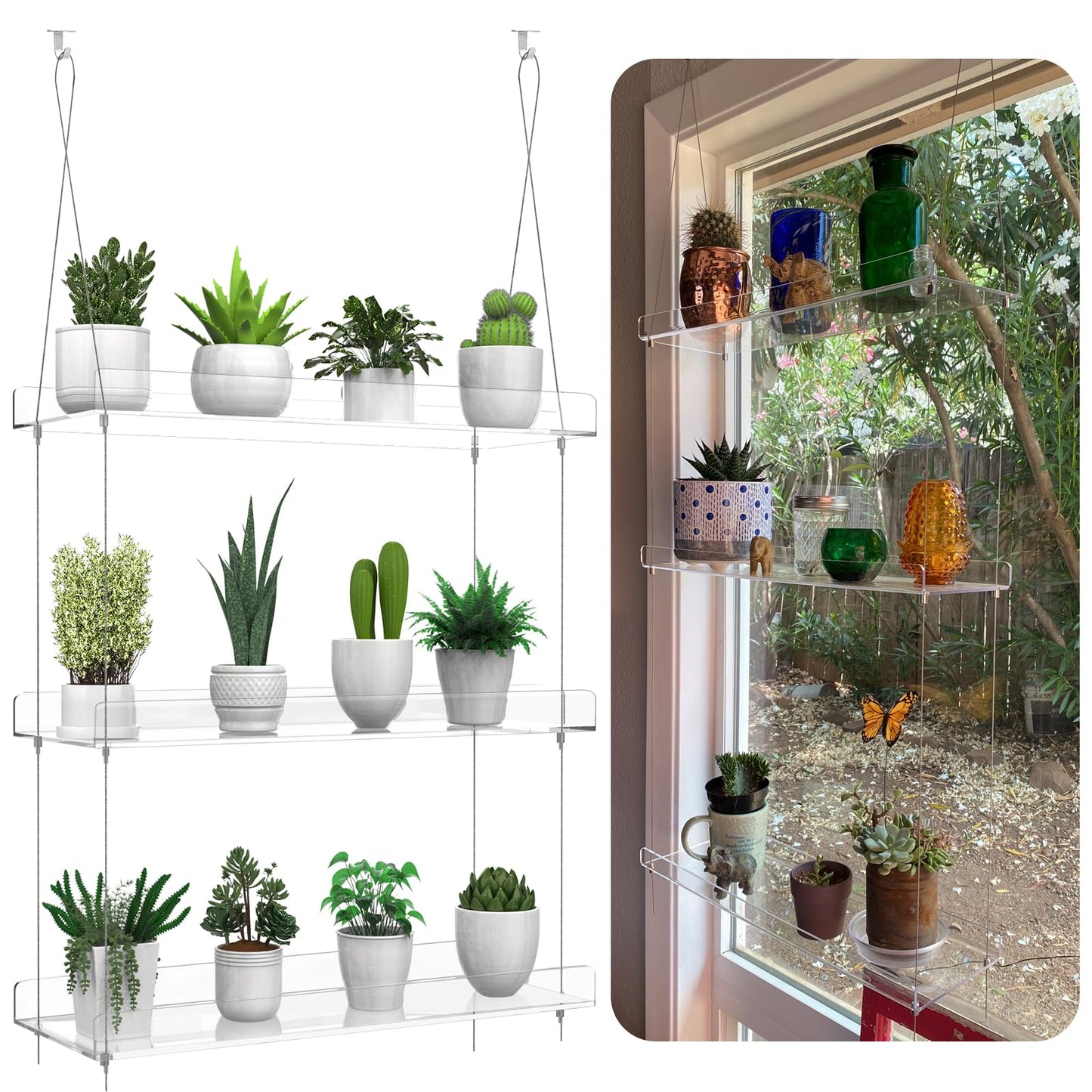 ZerzSemp 3-Tier Hanging Clear Plant Shelves for Windows, Acrylic Window Wall Plant Stand Shelf for Kitchen Indoor Gardens, Flower, Herb, Seedling Organization, and Pots Display, 16 Inch per Tier