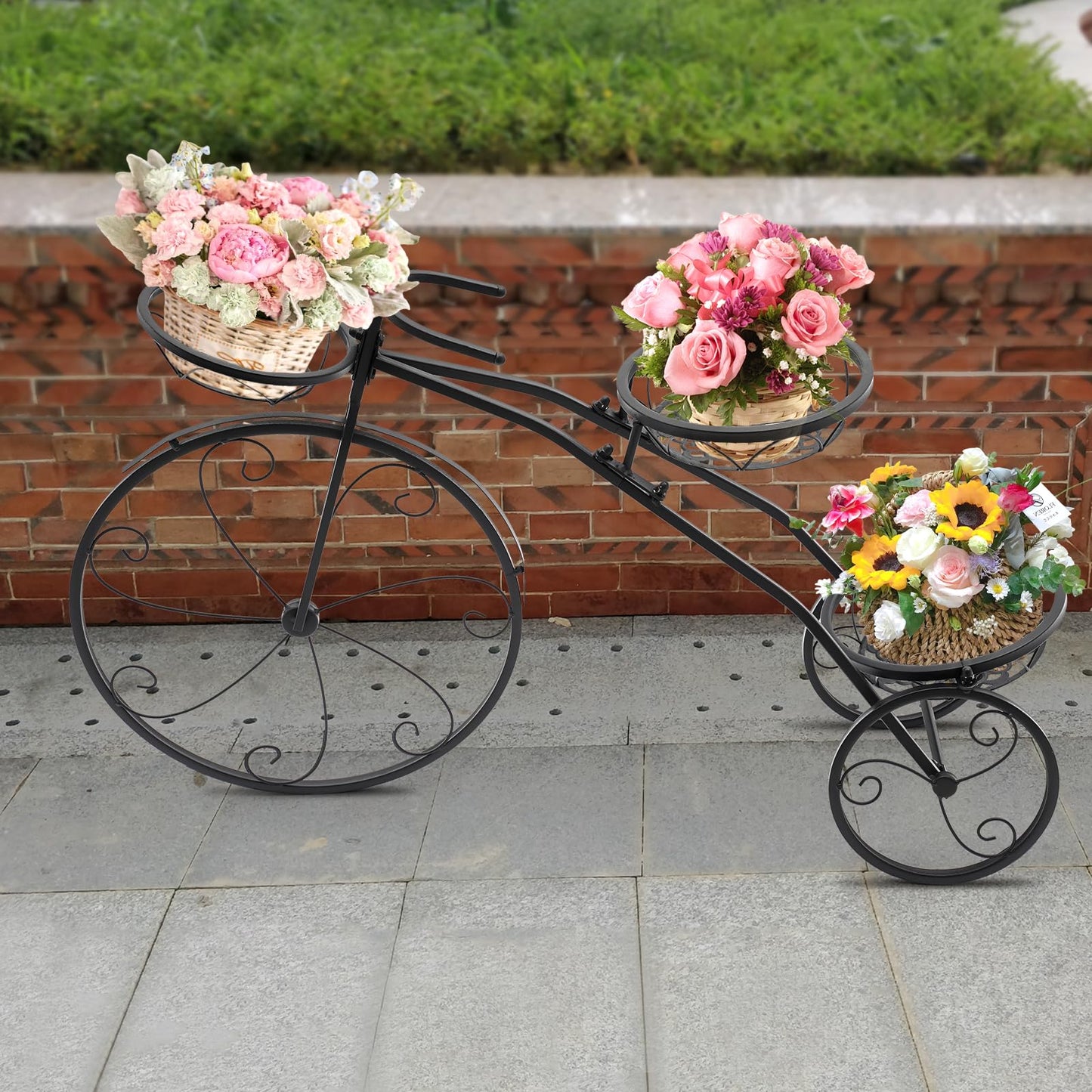 QQDETRR Bicycle Plant Stand, Large Metal Tricycle Planter for Indoor/Outdoor, 3-Tier Flower Holder for Garden, Home, Black