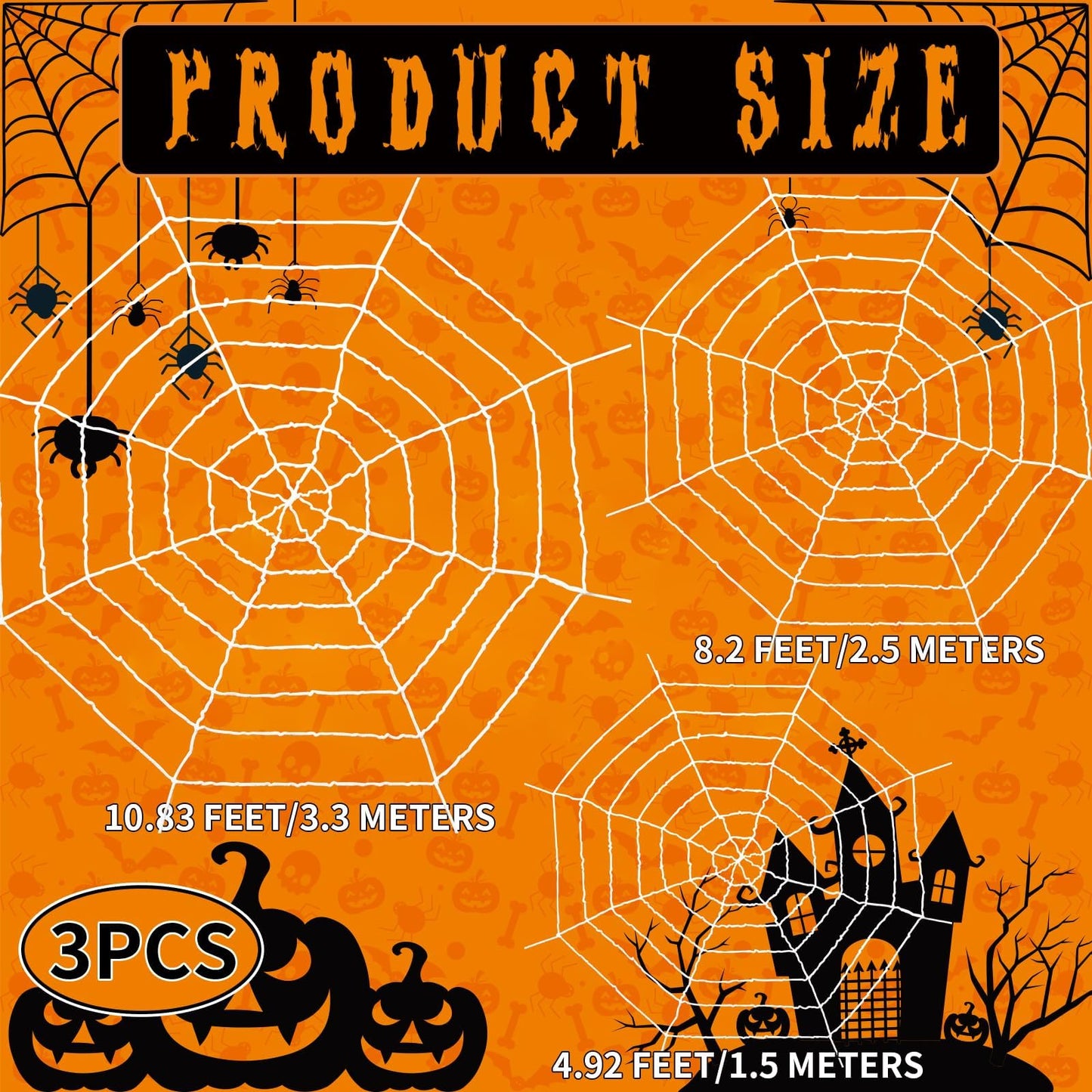 1.5M 2.5M 3.3M Spider Web 3 Pieces Large Halloween White Spider Web Decoration Scary Realistic Spider Web Rope Props with Elastic Rope for Halloween Yard Room Wall Window Door Haunted House Decoration