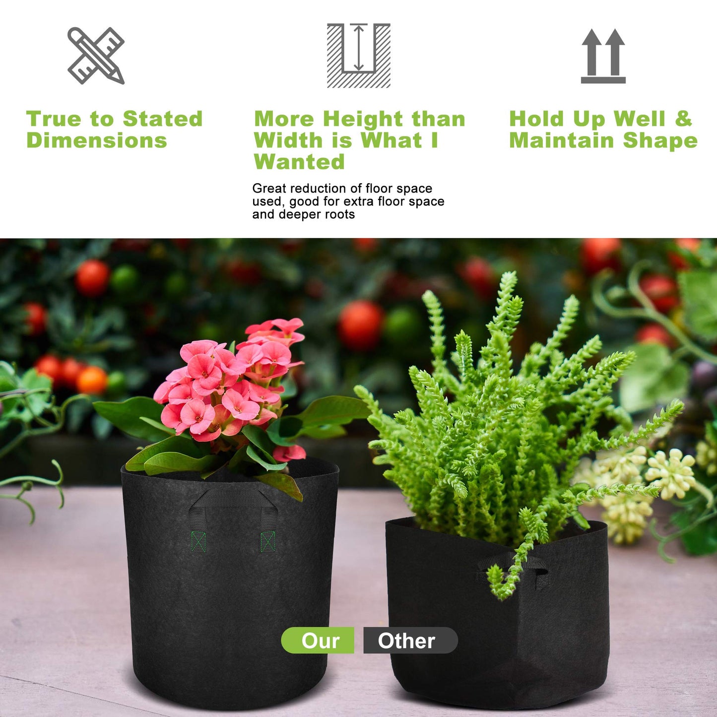 GreenTiger Tall Grow Bags, 8-Pack 7 Gallon Grow Pots with Handles, Improved 300G Thickened Aeration Fabric Deep Plant Growing Bags, Designed for Indoor/Outdoor Vegetables and Flowers, Classic Black