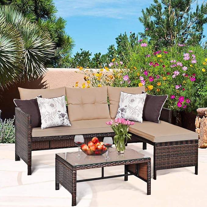 Tangkula Patio Corner Sofa Set 3 Piece, Outdoor Rattan Sofa Set, Includes