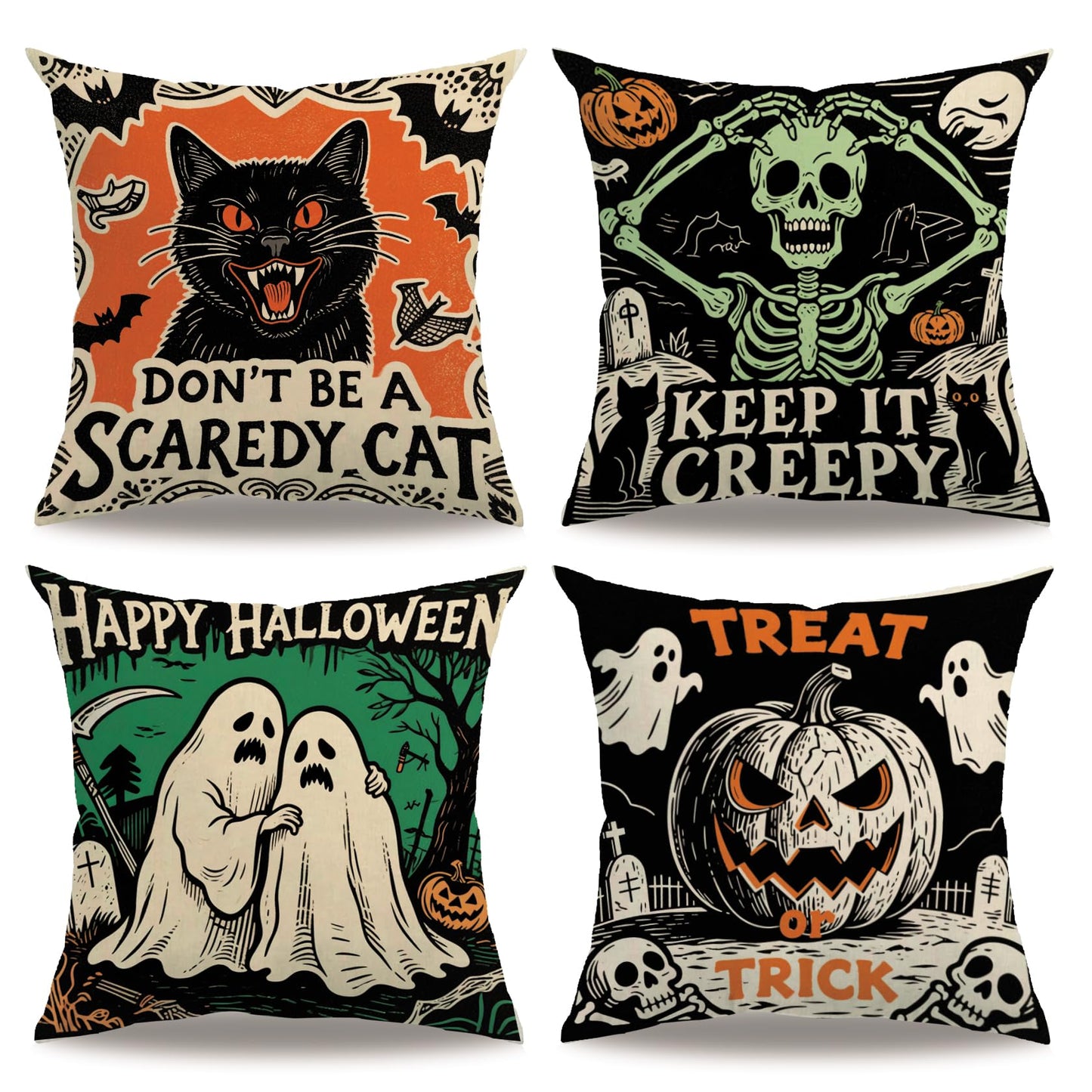 Halloween Decor Throw Pillow Covers 18x18 inch Black Orange Ghost Cat Skeleton Pumpkin Cushion Cases 4 Pack Fall Happy Halloween Seasonal Autumn Home Decor Pillowcases for Sofa Couch Patio(Orange)