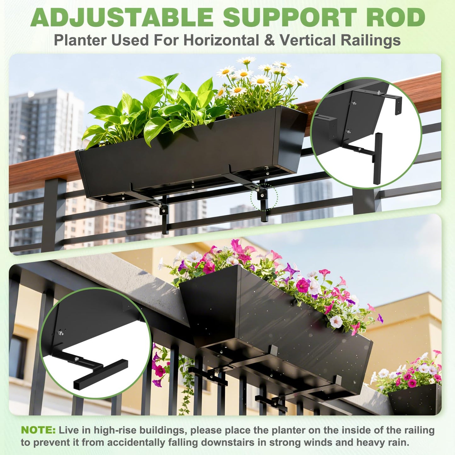 2PC Railing Planter for Outdoor Plants 36 Inch Metal Hanging Planters Pots with Adjustable Brackets and Drainage Railing Planter Boxes Hanging Flower Pots for Balcony Deck Railings Apartment Patio Dec