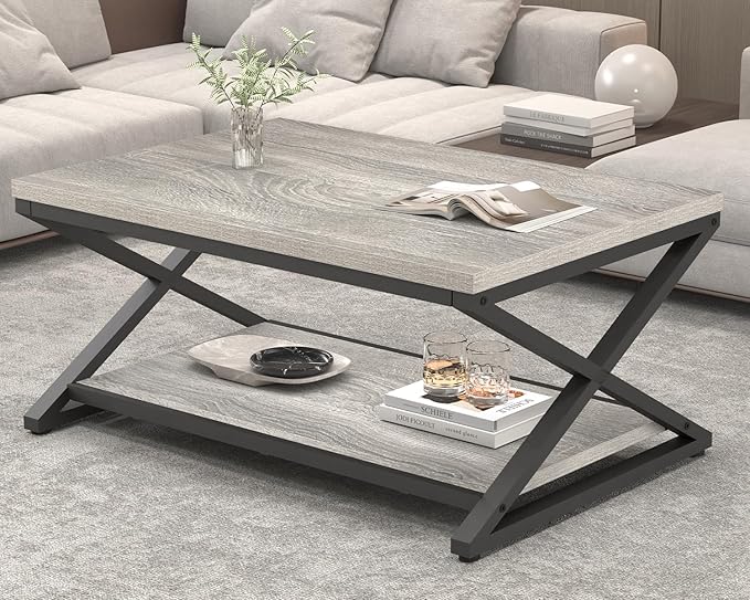 HSH Rustic Grey Coffee Table, Modern Minimalist Living Room Table
