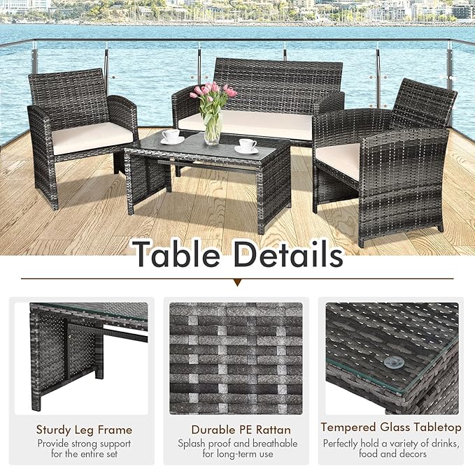 Goplus 4-Piece Rattan Patio Furniture Set, Outdoor Wicker Conversation Sofa