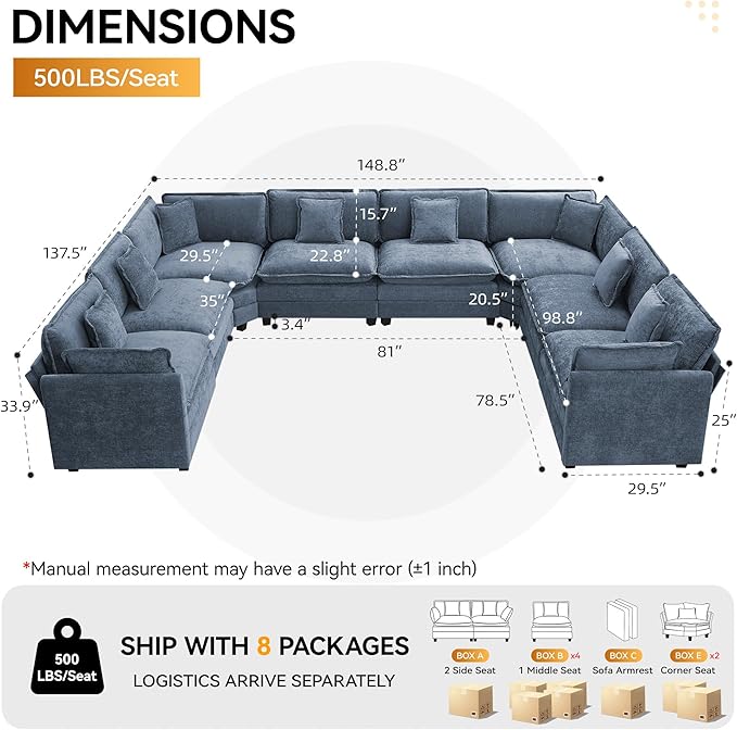 147'' Oversized U Shaped Cloud Sectional Sofa, Chenille Deep Seat Couches
