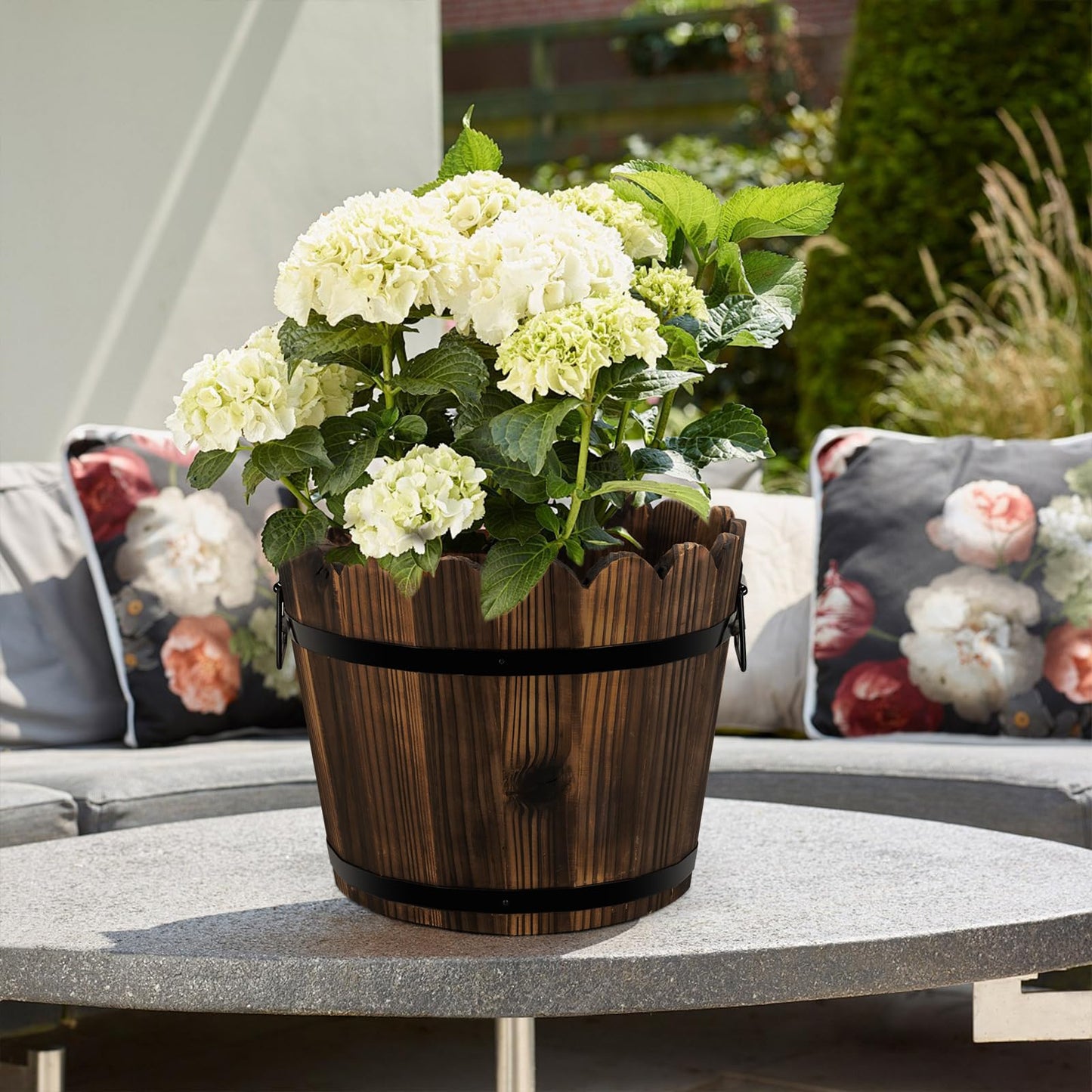 HakkaGirl Wooden Barrel Planters Flower Pots for Indoor Outdoor Plants, 10+11.5 inch Rustic Patio Garden Front Porch Planters Plant Pots Outdoor Decor Set of 2