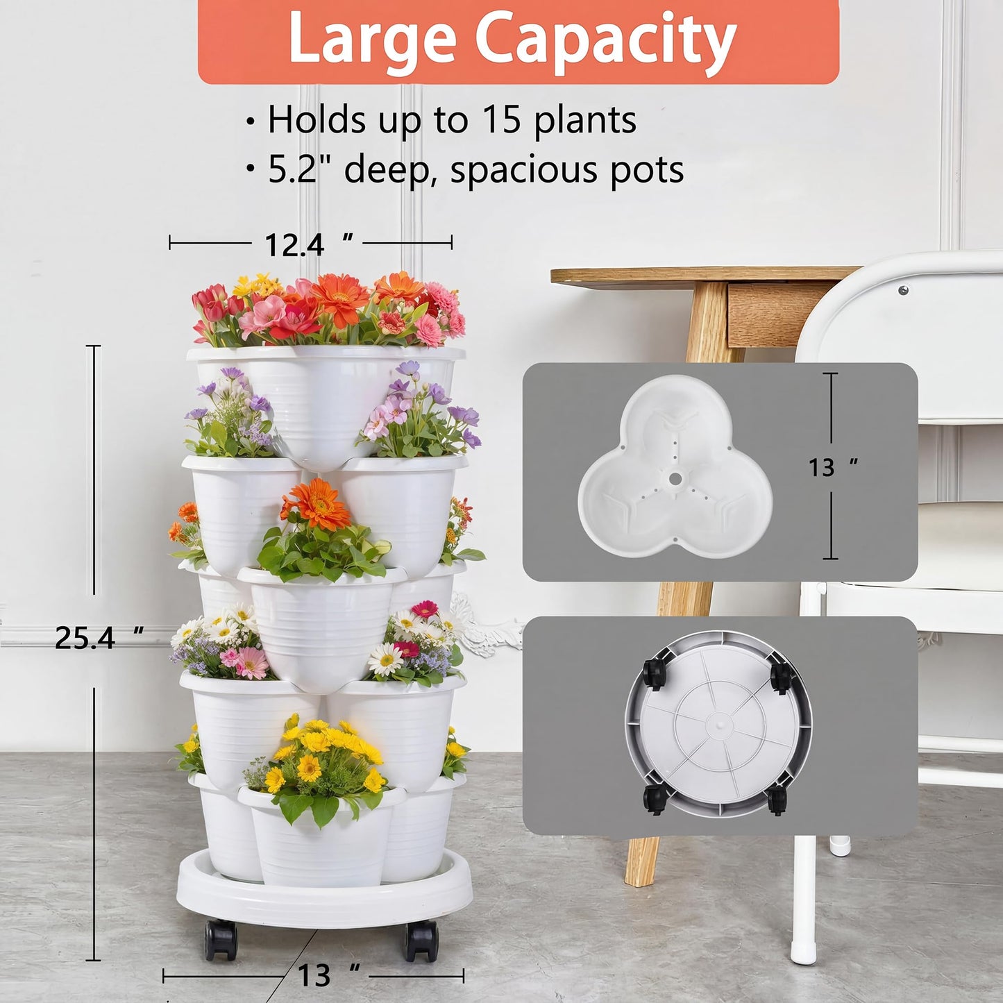 VECELO 5 Tier Vertical Garden Planter, Self Watering Stackable Planters with Wheels for Strawberries, Herbs, Flowers, Vegetables, White