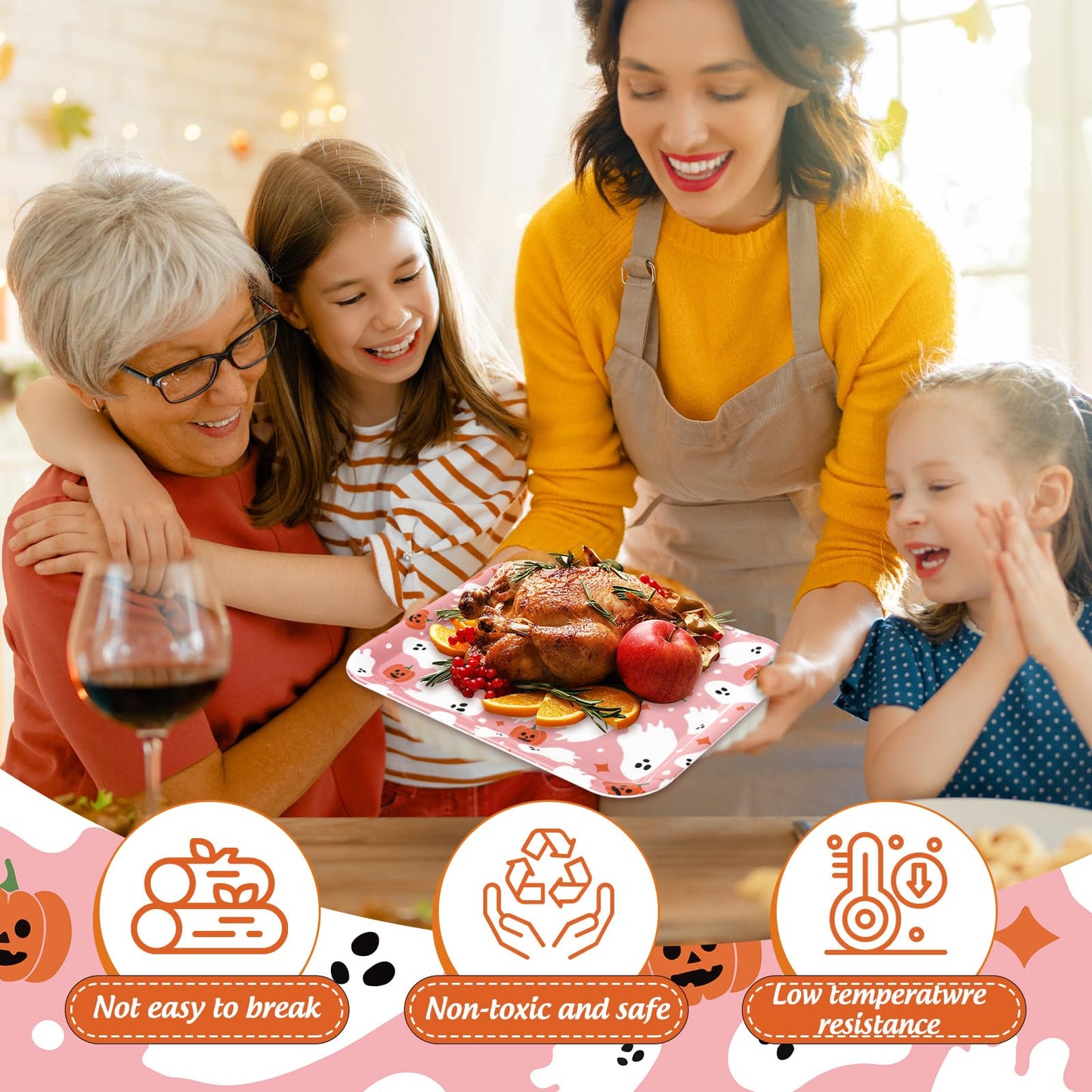 Whaline 3 Pcs Halloween Serving Trays Reusable Serving Platters Pink Boo Ghost Pumpkin Food Snack Trays for Birthday Party Baby Shower Supplies, 10 x 13 Inch