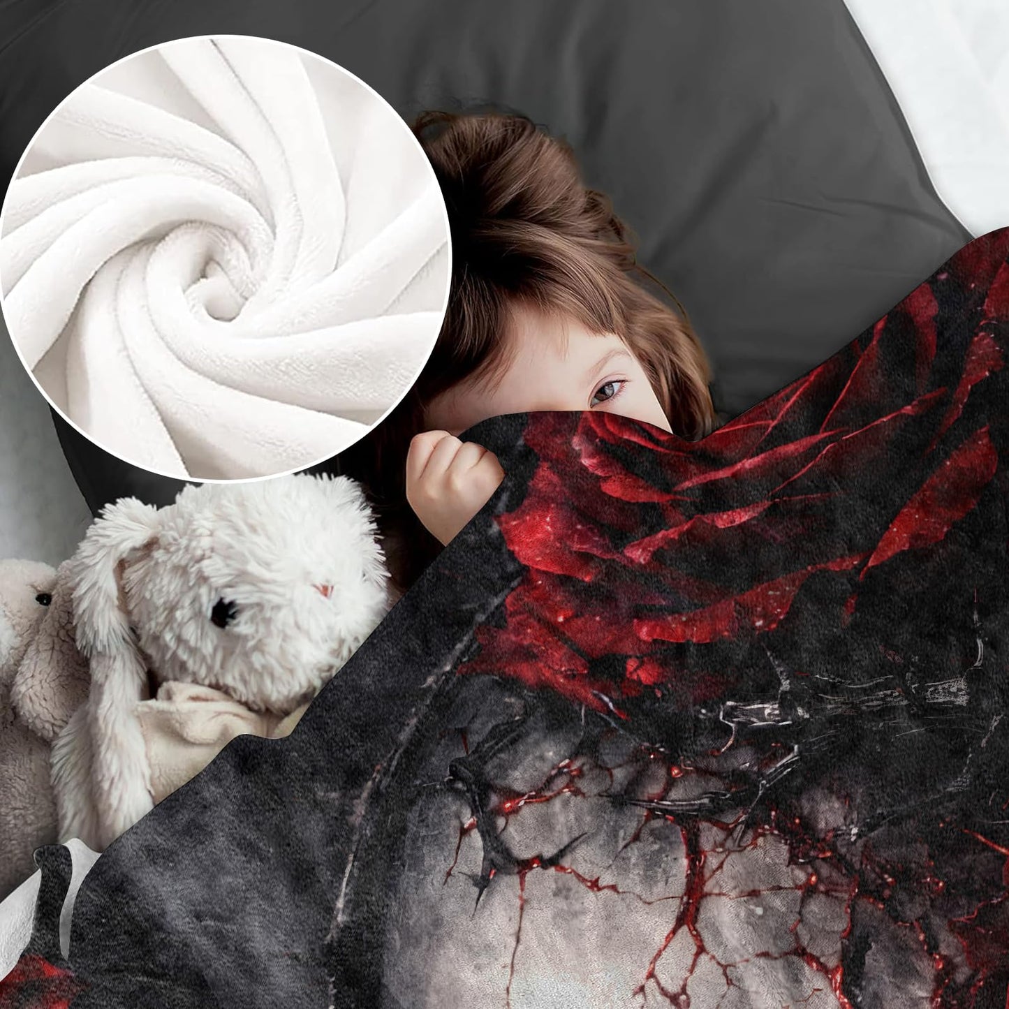 cromcu Gothic Skull Rose Flannel Throw Blanket, 50x60in, Soft Warm Cozy Blankets with Skull and Red Rose, Gothic Gifts for Women Skeleton Lovers, Halloween Home Decor Dorm Office Travel Camping