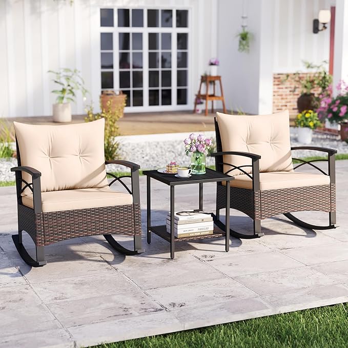 Tangkula 3 Pieces Outdoor Rocking Chairs Set, Rattan Heavy Duty Cushioned