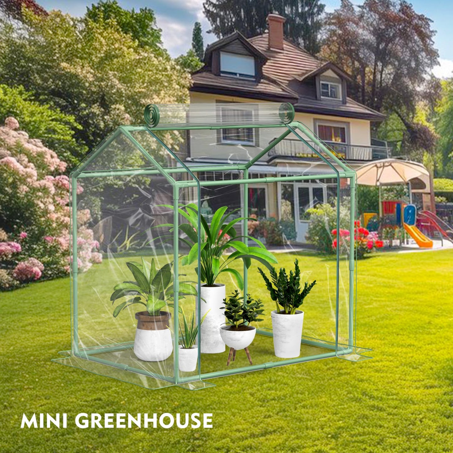 Awvlvwa Mini Greenhouse for Indoor Outdoor Plants, Tabletop Portable Green House with Roll-up Zipper Door ,Small Grow Plant House Tent with Transparent PVC Cover 33.5”(L) x23.2”(W) x32.5”(H)