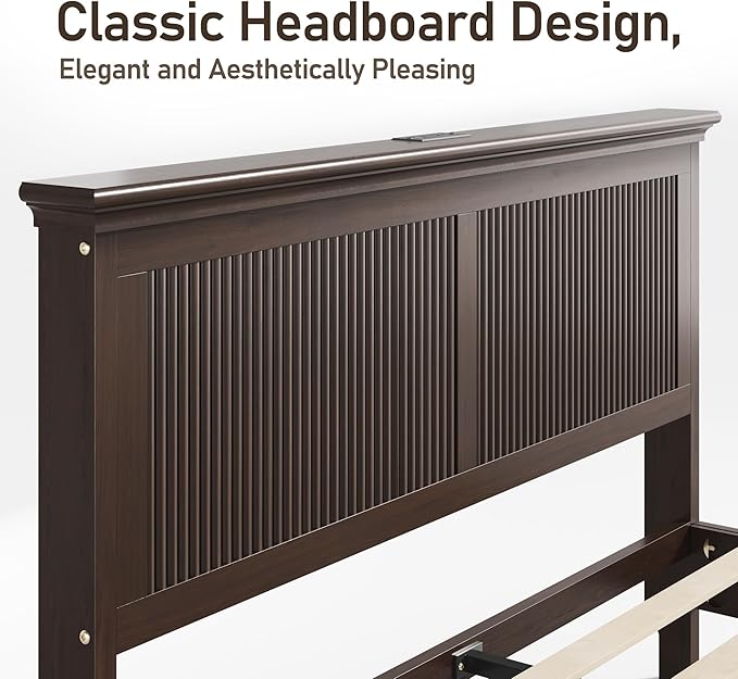 Lifezone Queen Bed Frame with Headboard, Solid Wood Bed Frame Queen Size with
