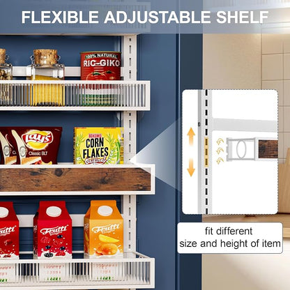 6 Tier Pantry Door Organizer Spice Rack, 2-IN-1 Wall Mount or Hanging Over Door Seasoning Organizer with Adjustable Baskets, Heavy Duty Behind Door Storage Shelves for Pantry, Cabinet and Kitchen