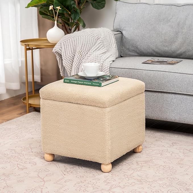 Adeco 17.3" Modern Oatmeal Teddy Velvet Storage Ottoman, Upholstered Cube Foot