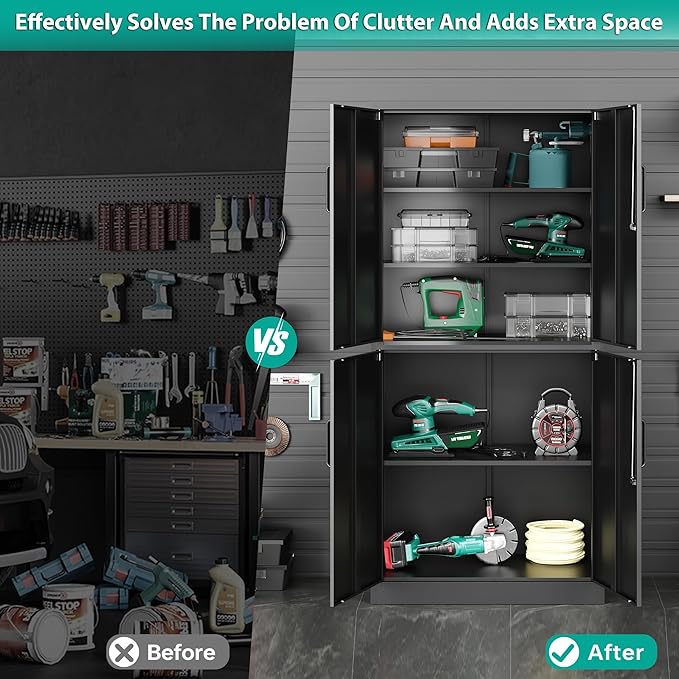 Metal Storage Cabinet with 3 Adjustable Shelves and 4 Doors, Steel Tool Cabinets