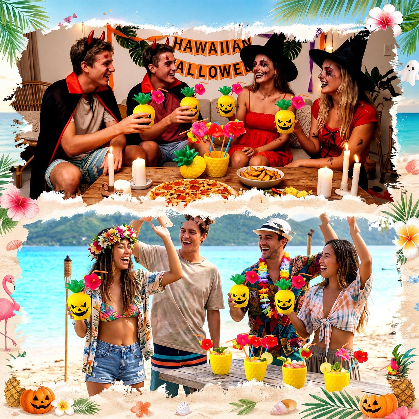 Yungyan 6 Sets Summer Halloween Pineapple Cups Drink Bottles with Ghost Facial Stickers & Straws for Summer Halloween Party Supplies Hawaiia Themed Hallows' Eve Ghost Tropical Favors Decorations