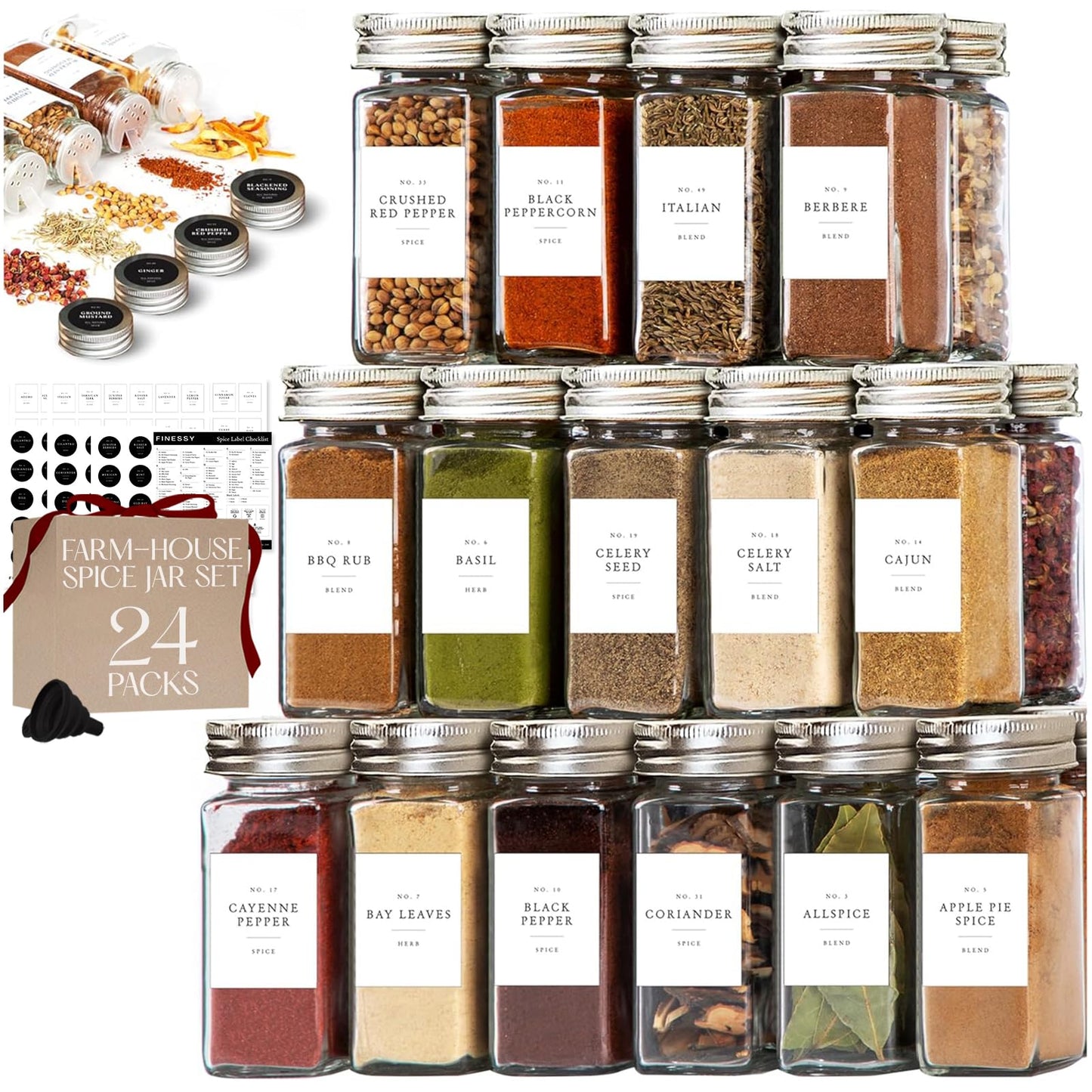 FINESSY Glass Spice Jars with Labels with Metal Lids and Shakers 24 Pack Set, 4oz Small Empty Air Tight Spice Containers with Labels, Clear Seasoning Containers Herb Bottles Kitchen Storage Organizer